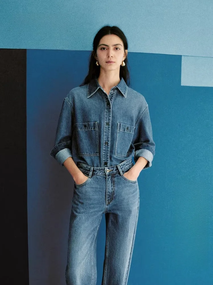 

Женская джинсовая рубашка из триацетата и мягкого хлопка, новинка весны, с длинным рукавом, острым воротником, средней длины, однотонная, для работы