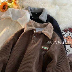 Hip Hop Harajuku Corduroy POLO Collar Oversized Sweatshirt Preppy Streetwear Loose Pullover Thick Velvet Winter Clothes Couples