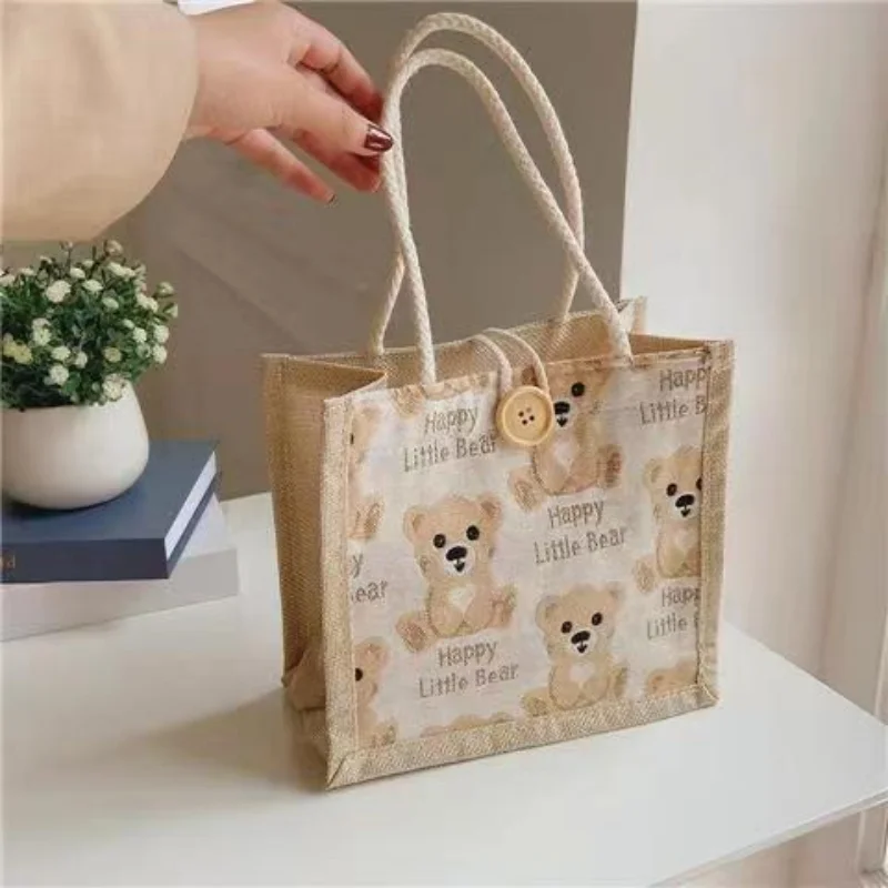 Linen handbag. Cute bear pattern printing, Japanese and Korean style, lunch box and lunch bag for office workers