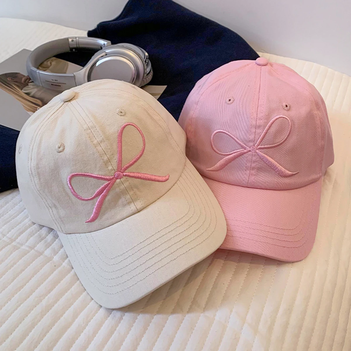 

New Bow Embroidery Caps Lovely Pink Hats Korean Gentle Style High Quality Hat Adjustable Baseball Cap For Women Girl