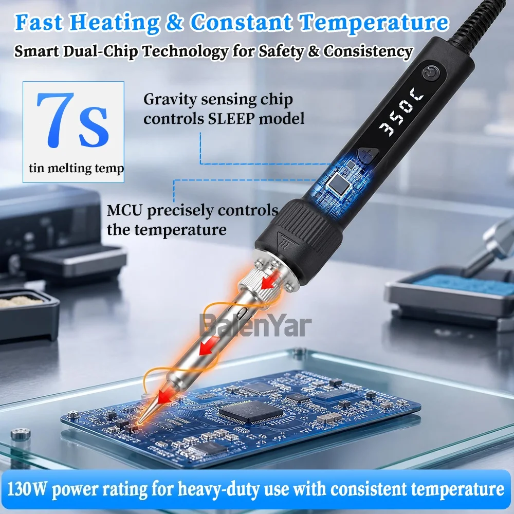 BalenYar 130W Digital Soldering Iron, 220V‑240V EU Plug, Digital Temperature Control, Electric Welding Tool for Electronic DIY