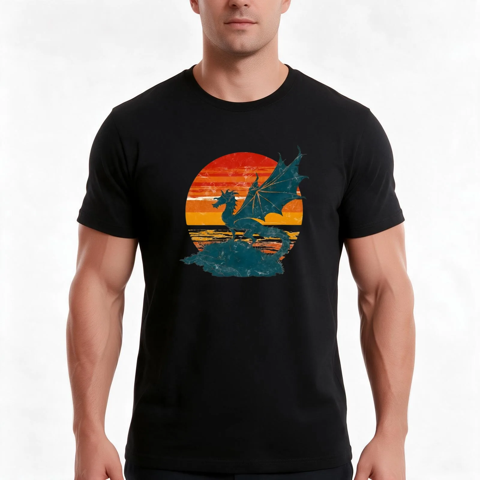 Eternal Echoes: Vintage Sunset Dragon Grace T-Shirt, Summer Casual Cotton Tee, Oversized Streetwear Tops, Vintage Graphic Print