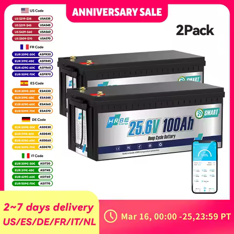 HRBEEnergy 24V 100Ah LifePO4 Battery,6000+ Deep Cycle Grade A Lithium Battery with Bluetooth for Off-Grid,Camper,Travel Trailer