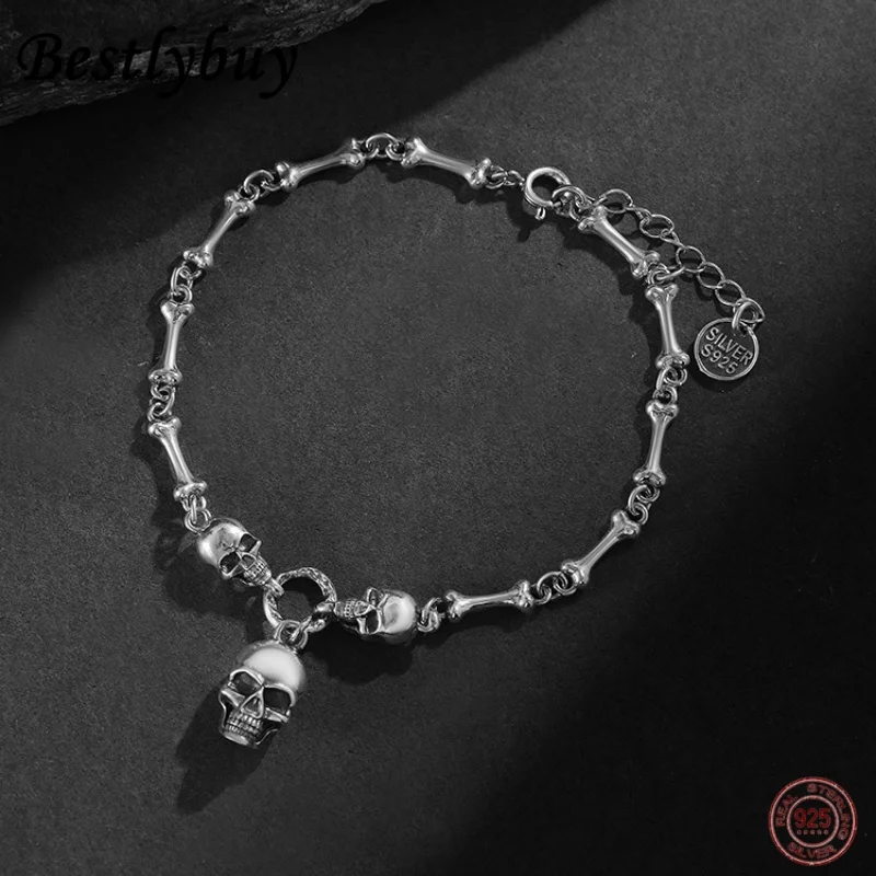 

new 100% 925 sterling silver men women creative retro skull bone chain bracelet for Halloween party Gothic style