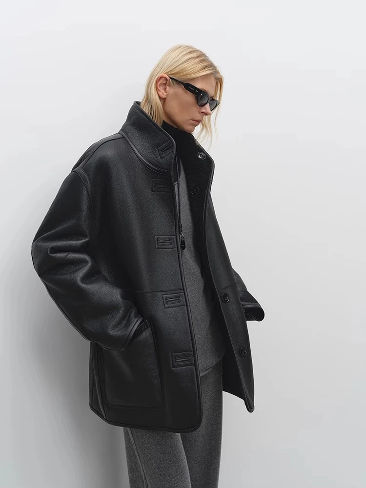 Giacche invernali in pelle scamosciata di pecora merino di lusso di fascia alta da donna Colletto semplice alla coreana Cappotto in vera pelliccia di vera pelle a doppia faccia