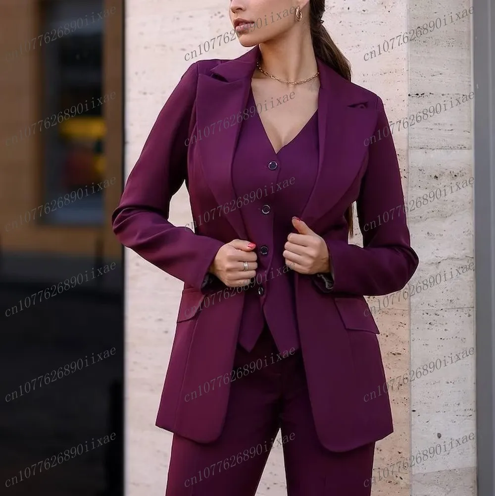 

New Purple Women Suit Formal Occasion Wedding Party Business Office Lady Tuxedos 3 Piece Set Blazer Vest Pants Customized