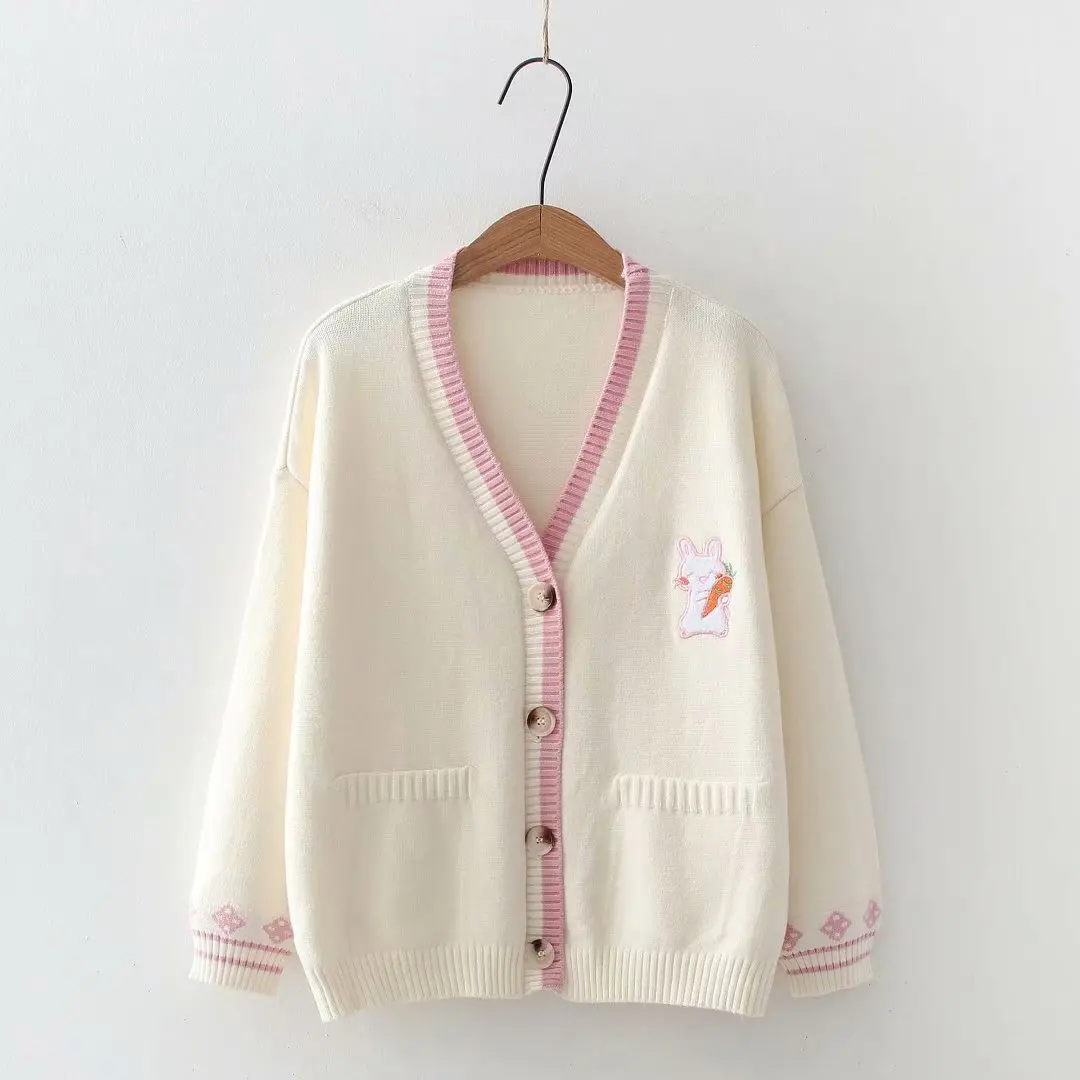 Cardigan bordado dos desenhos animados das mulheres, jaquetas de malhas soltas coreanas, suéter outwear macio, casaco coelho, outono