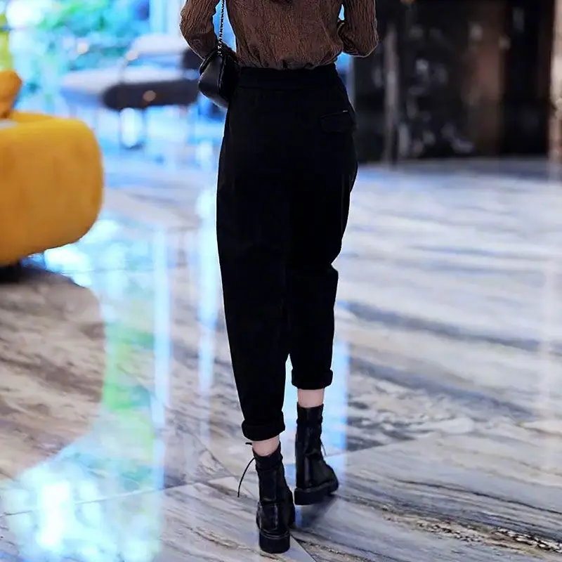 Autumn and Winter Solid High Waist Elastic Skinny Thickening Shirring Harem Fashion Casual Office Lady All Match Trousers