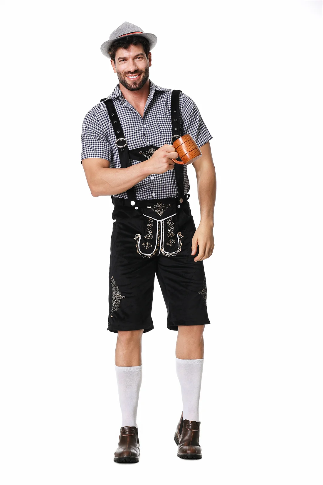 Men's Bavarian German Oktoberfest Costume Short Sleeve Three-Piece Set Lederhosen Beer Mens Outfit Cosplay Halloween Clothes