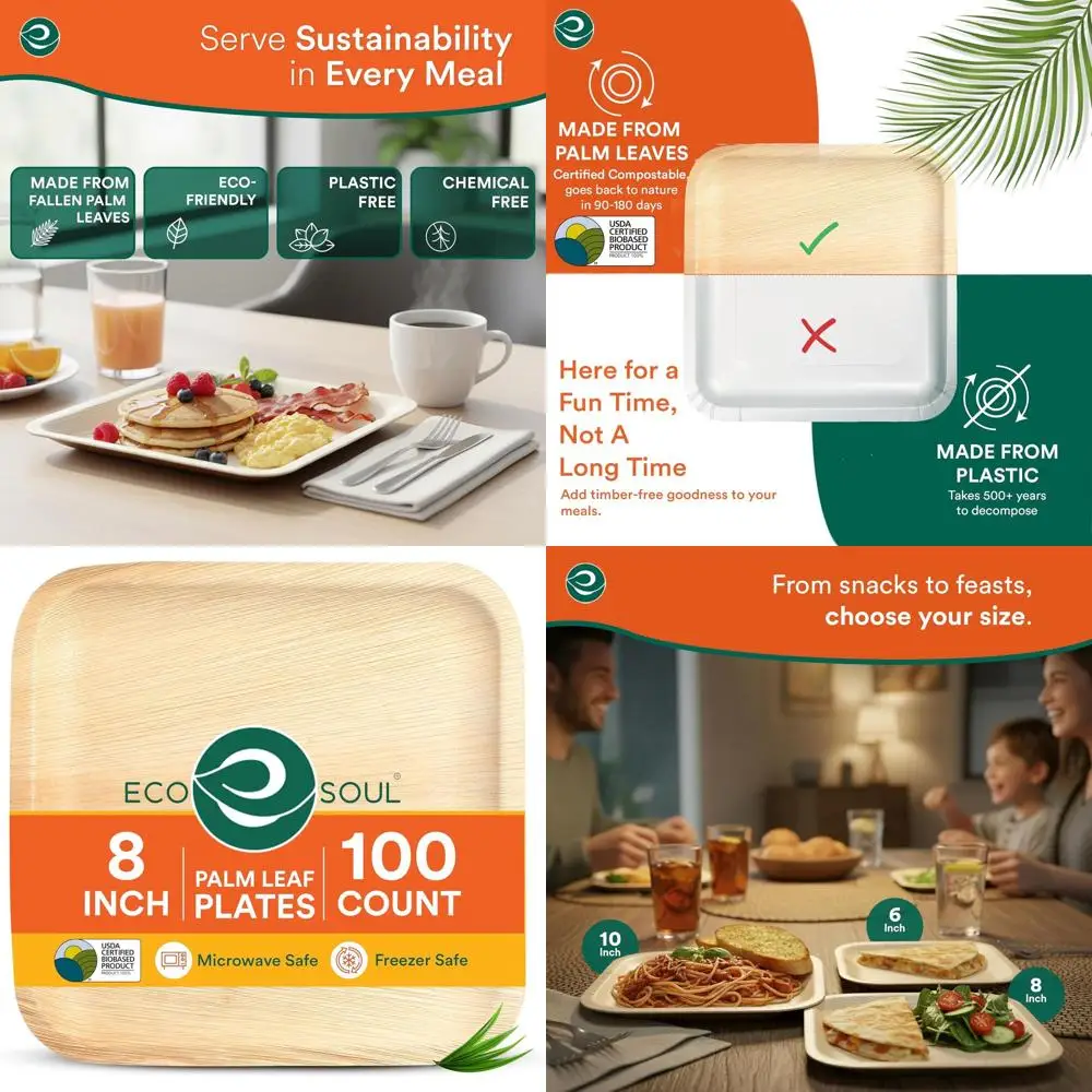 

8 квадратных биоразлагаемых бамбуковых тарелок, 100 штук в упаковке — прочная, биоразлагаемая, экологичная посуда для вечеринок, свадеб и мероприятий