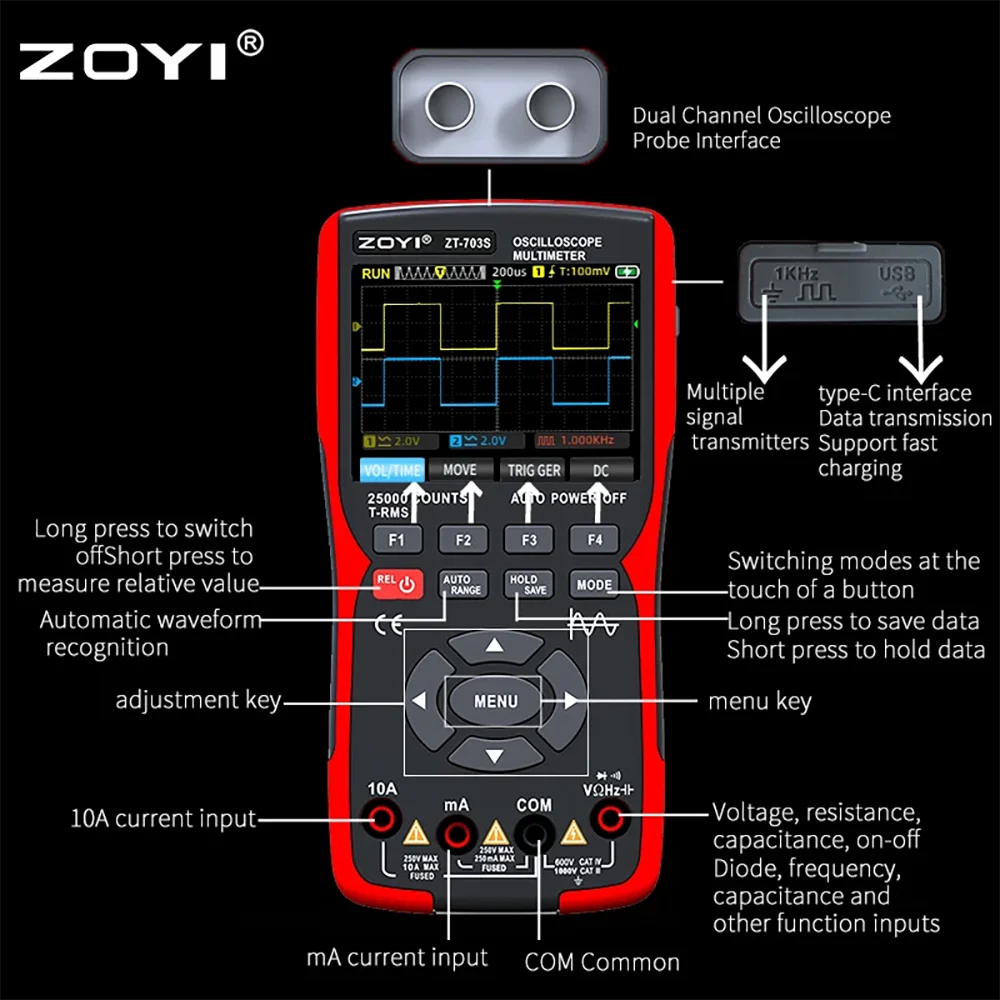 Dwukanałowy oscyloskop ZOYI ZT-703S Wielofunkcyjny multimetr Generator sygnału 3 w 1 o wysokiej precyzji