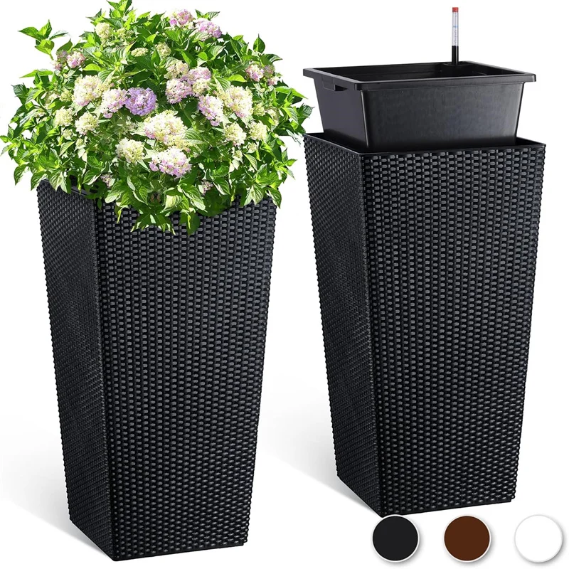 30 Inch Tall Planter Set of 2 Large Rattan Flower Pot with 2 Trays & a Water Level Monitor & Wheels Outdoor and Indoor for Patio