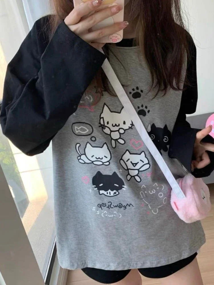 HOUZHOU Y2k Streetwear Patchwork Hoodies Women Japanese Style Cuteore Harajuku Kawaii Cartoon Print Loose Sweatshirt Soft Gilr