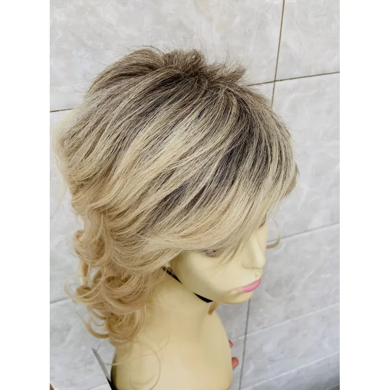 Médio fofo ondulado raízes escuras loira mix perucas de cabelo sintético feminino natural 613