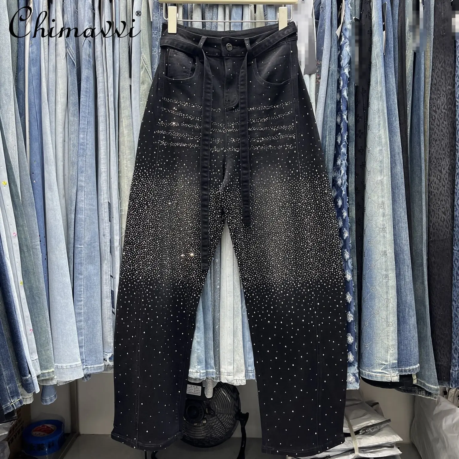 

Весна и осень 2026, новые тяжелые гладильные винтажные потертые джинсы со стразами, модные свободные уличные эластичные широкие брюки