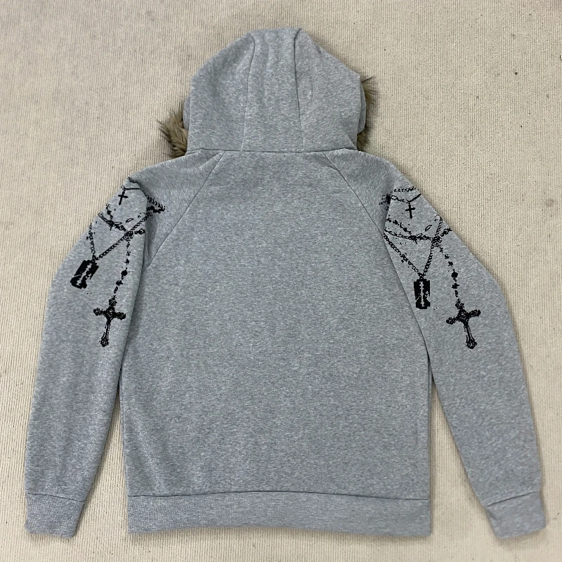 2026 New Autumn Winter Fashion Streetwear Women's Gothic Faux Fur Hooded Jacket Cross Print Trendy Edgy Zip-Up Leisure Hoodie - view 6