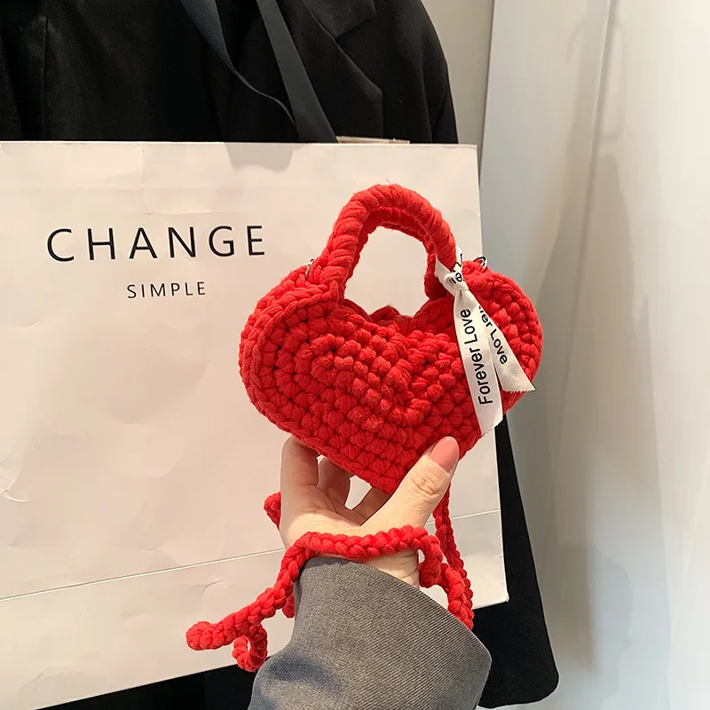 New Version Fabric Strip Crochet Heart Children's Accessories Hand-held Crossbody Mobile Phone Women's Bag Finished