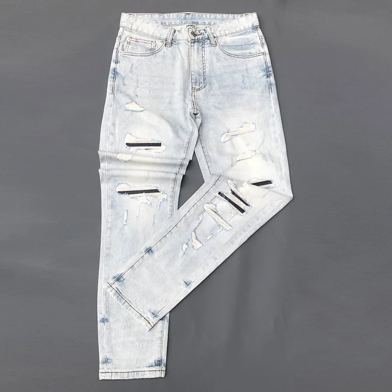 

Streetwear Fashion Men Jeans High Quality Retro Light Blue Stretch Slim Ripped Jeans Men Patched Designer Vintage Denim Pants