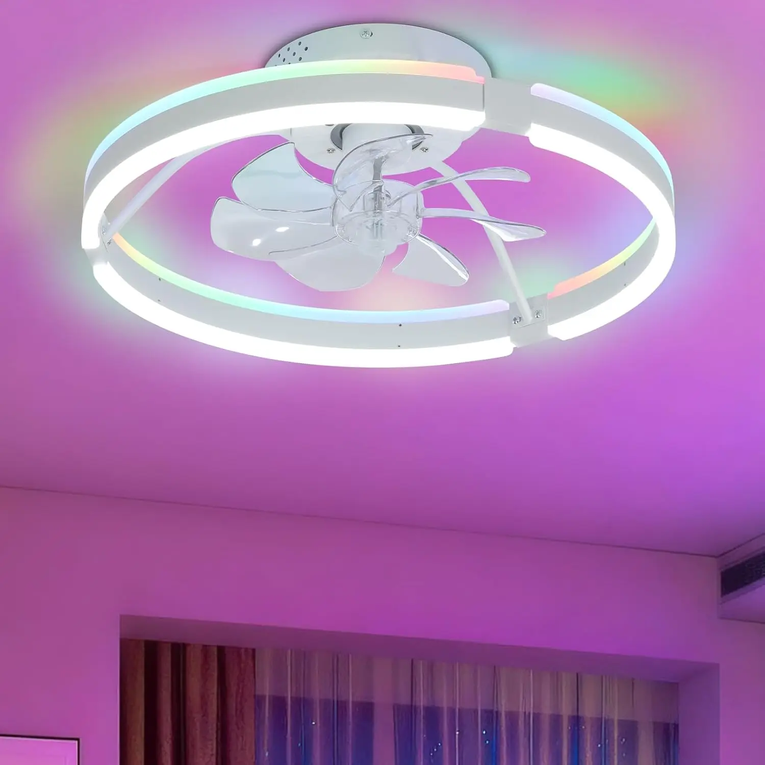 20-inch Flush Mount Ceiling Fan with Light, 3CCT LED RGB | Remote-Controlled Low-Profile Fan, 6-Speed Timer and Memory, for Bedroom or Living Room, White