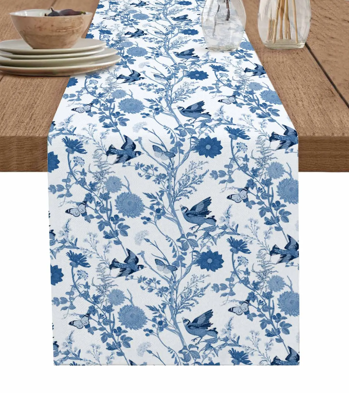 Vintage Flower Bird Blue Table Runner Cotton Linen Wedding Table Decor Tablecloth Kitchen Decor Table Runner