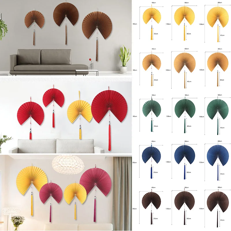Chinese Style Decorative Fan TV Background Wall Decor Living Room Creative Wall Hanging  Large Paper Fan with Tassels Red Fan