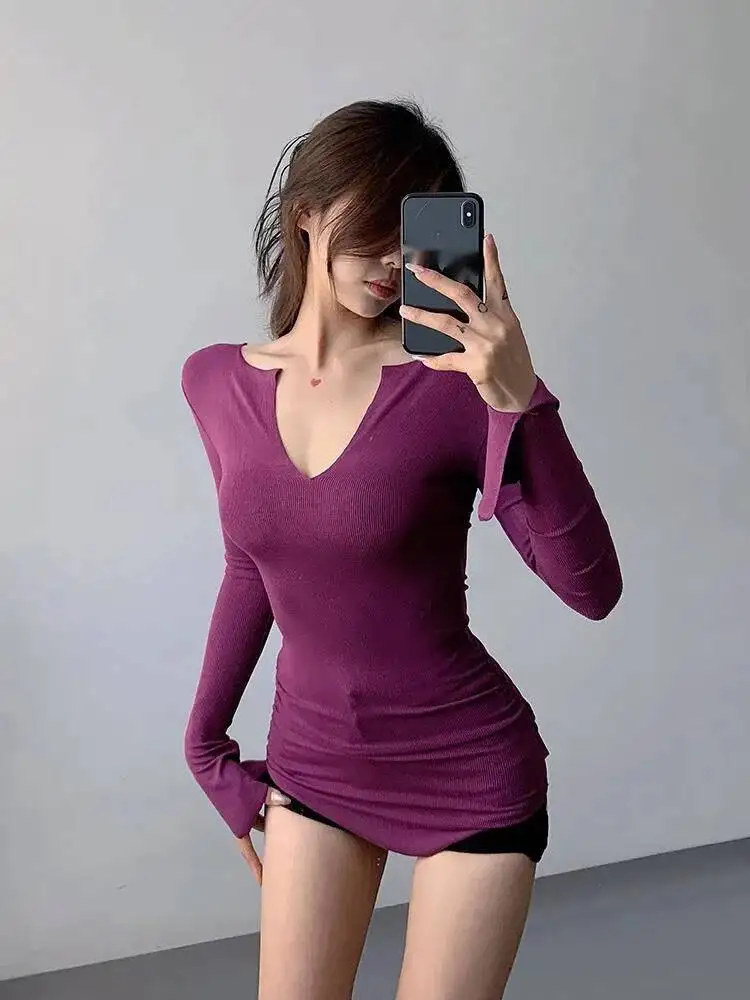 2024 Spring/Autumn New Elastic Screw Thread Slim Pure Desire V-neck Exposed Clavicle Side Folded Wrap Hip Short Dress 48GP