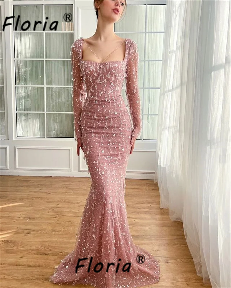 Graceful Sequins Crystal Tassels Mermaid Evening Dresses Dusty Pink Square Neck Long Sleeve African Woman Formal Occasion Dress