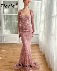 Graceful Sequins Crystal Tassels Mermaid Evening Dresses Dusty Pink Square Neck Long Sleeve African Woman Formal Occasion Dress