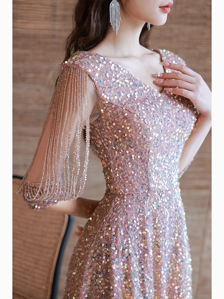 Pink Sequin Bridal Reception Dresses With Beads Elegant V-Neck Tea-Length Women Midi Dresses For Wedding Party Evening 2022