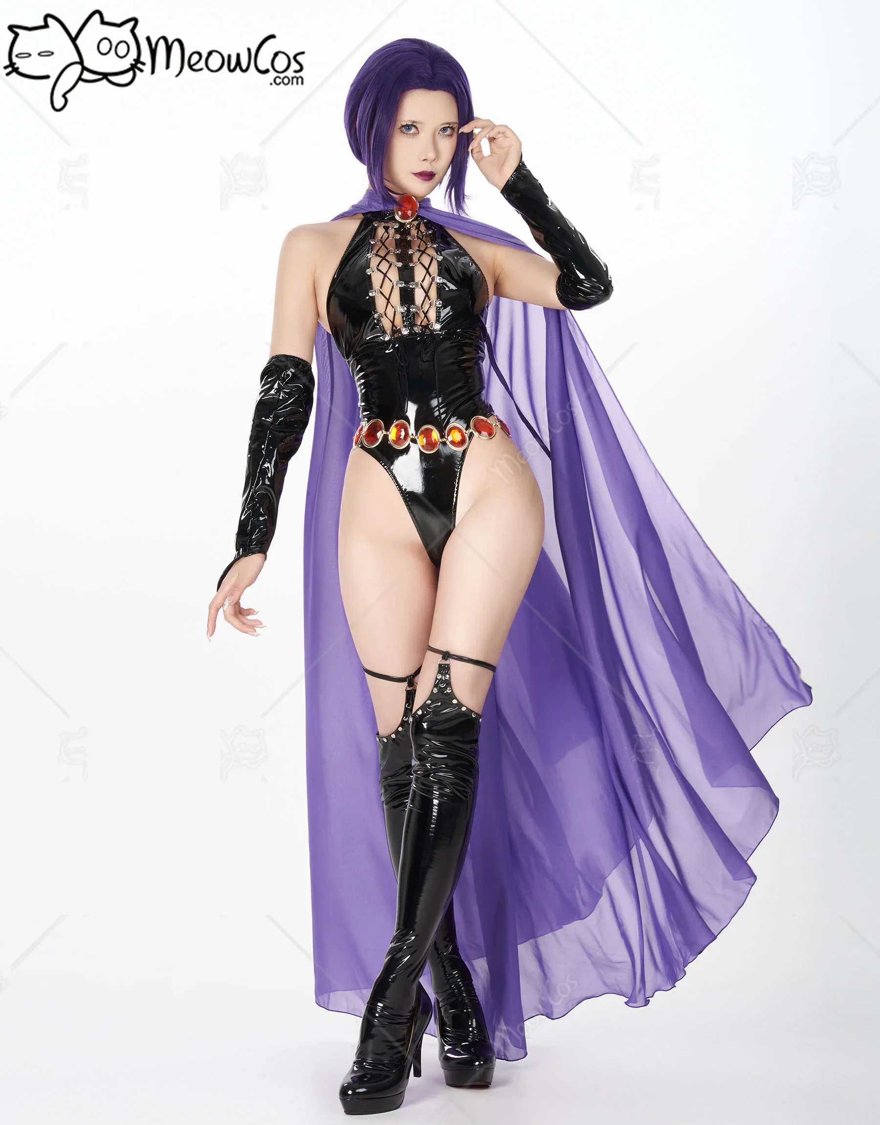 Meowcos Frauen erotische Dessous Set Gothic sexy Halfter rücken frei vorne hohl hoch geschlitzt Cosplay Kostüm mit lila Umhang und Kette