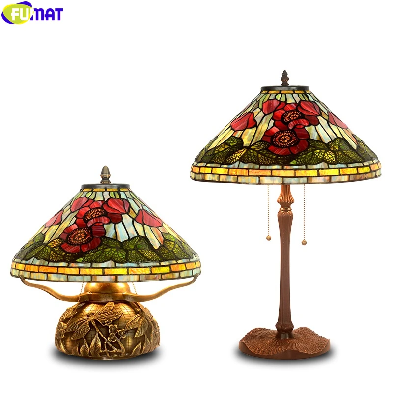 

FUMAT Tiffany Desk Light Lotus Poppy Dragonfly Flower Stained Glass Tree Copper Frame Base Table Lamp 16 18 Inch Lampshade Art