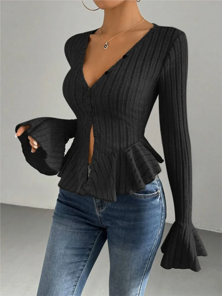 

Elegant V-neck Flared Long-sleeved Single-breasted Top For Women Spring Fashion Solid Color Ruffled Slim-fit Fleece Top Female