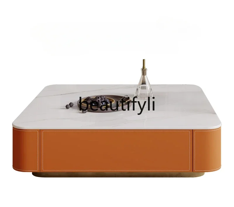 

Italian light luxury saddle leather coffee table modern square rock slab coffee table TV cabinet combination