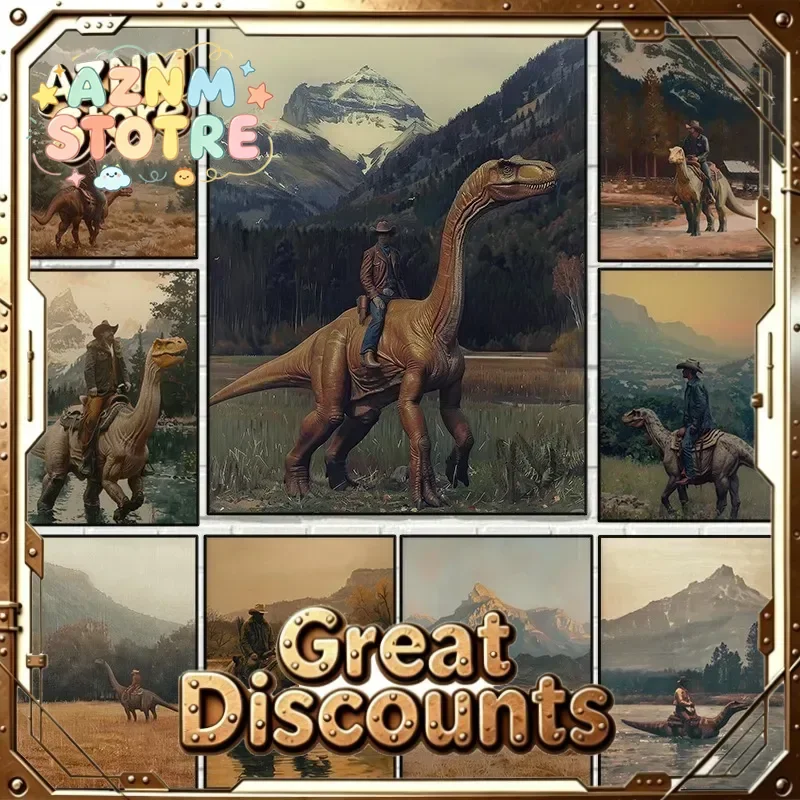 Vintage Dinosaur Cowboy Poster Western Jurassic Dinosaurs Canvas Painting Funny Wall Art for Living Room Home Decor Gift Mura