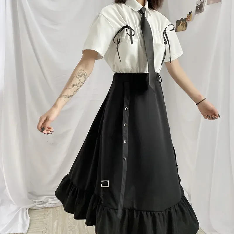 Spring/Autumn Women Skirts High Waist Student Korean Style Dark Vintage Ruffle Long A-line Skirts Women Fashion 2024