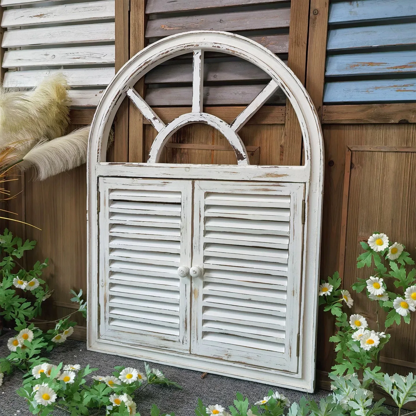 Rustic Arched Window Frame Wall Decor with Louvered Shutters, Distressed White Wood,Vintage Farmhouse Style,23.6 x 31.5 x 1.2in