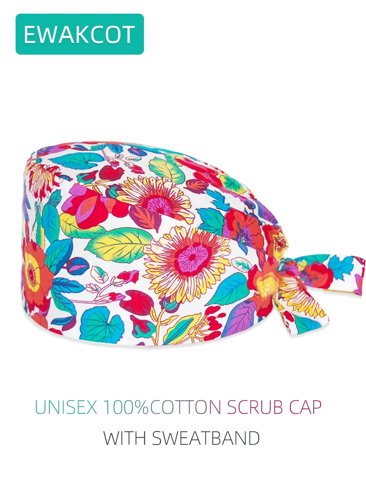 New Soft Scrub Cap for Women and Men 100% Cotton Flowers Printed Surgical Hats Chef Dental Sanitary Dentist Clinic Working Caps