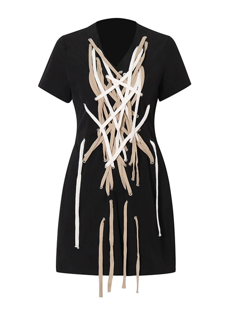 TWOTWINSTYLE Patchwork Lace Up Designer Dress For Women V Neck Short Sleeve Loose Waist  Hit Color Mini Dresses Female Fashion