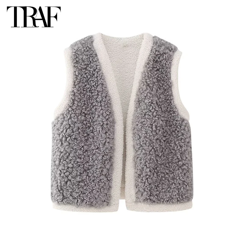 TRAF Faux Wool Cropped Vests for Women Coats Open Sleeveless Vest Woman Autumn Vest Top Women Waistcoat Women's Tailored Vest