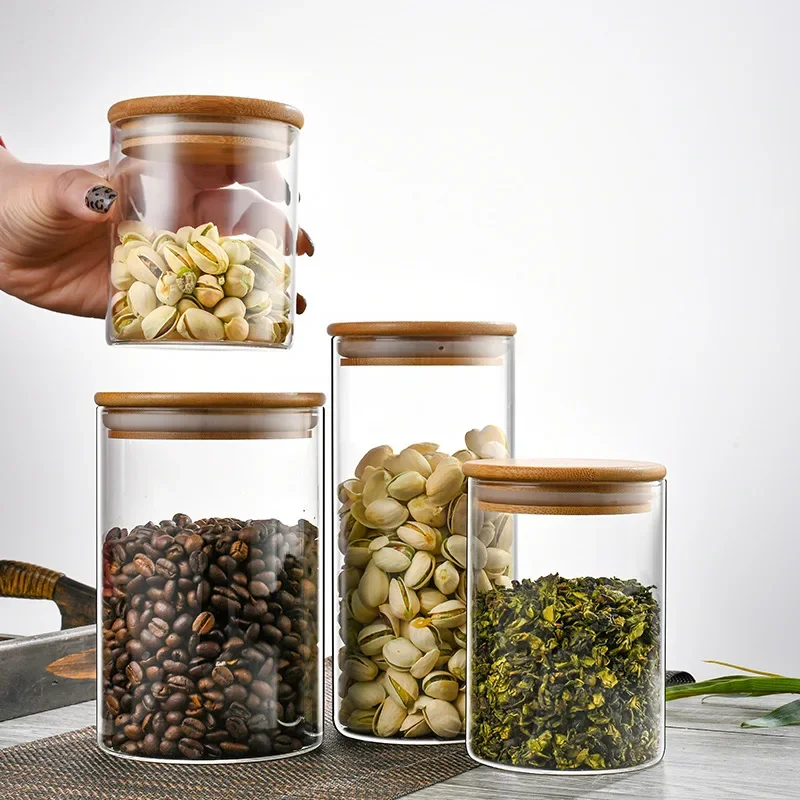 

Home Kitchen Mason Organizer Sealed Glass Storage Jars with Bamboo Lid for Food Noodles Coffee Candy Bean Nut Bottle Container