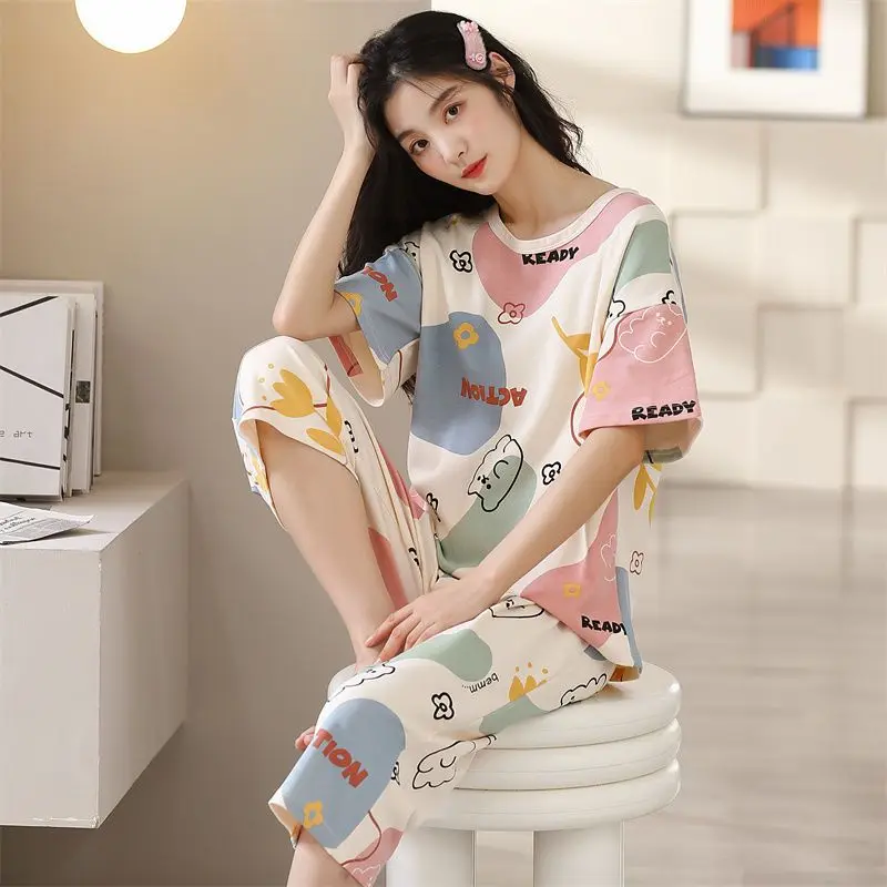 Women\'s 2024 Spring Summer New Cotton Short Sleeve Cartoon Pajamas Two Piece Girl Cute Pijamas Thin Sleepwear Home Clothing Suit