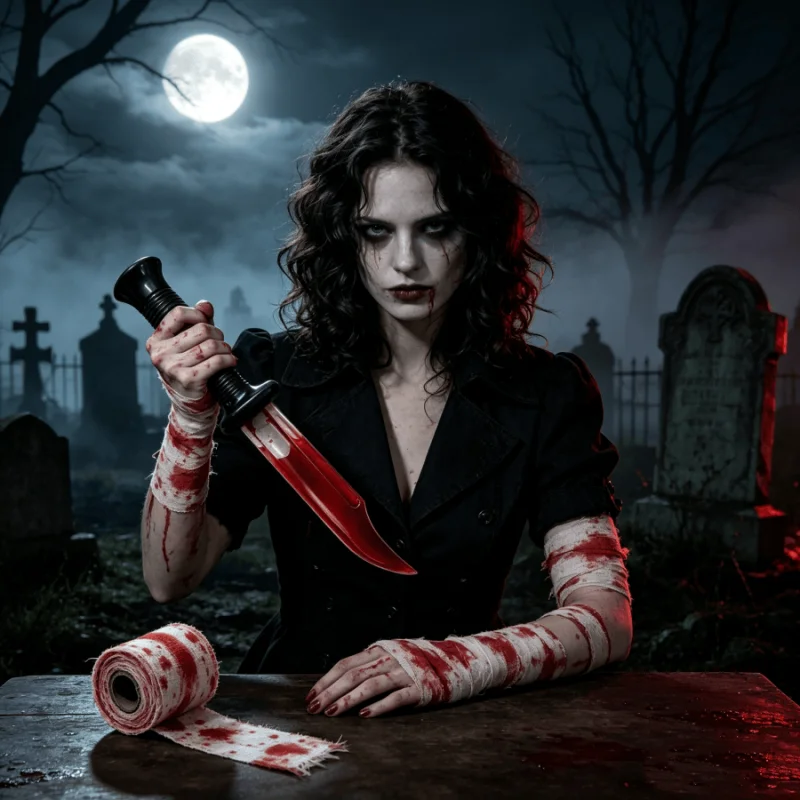 Halloween Fake Bloody Knife & 5M Bloody Bandage Set, Zombie Vampire Cosplay Prop, Horror Costume Accessory for Theme Party Decor