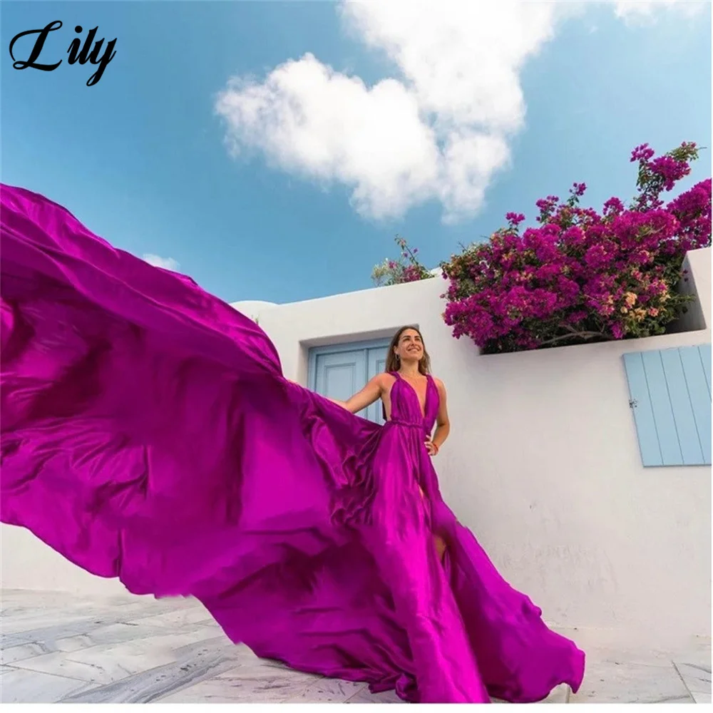 Lily Fuchsia V Neck Formal Dresses Stain Side Split Party Dress For Wedding Spaghetti Strap Special Occasion Dresses robe soirée