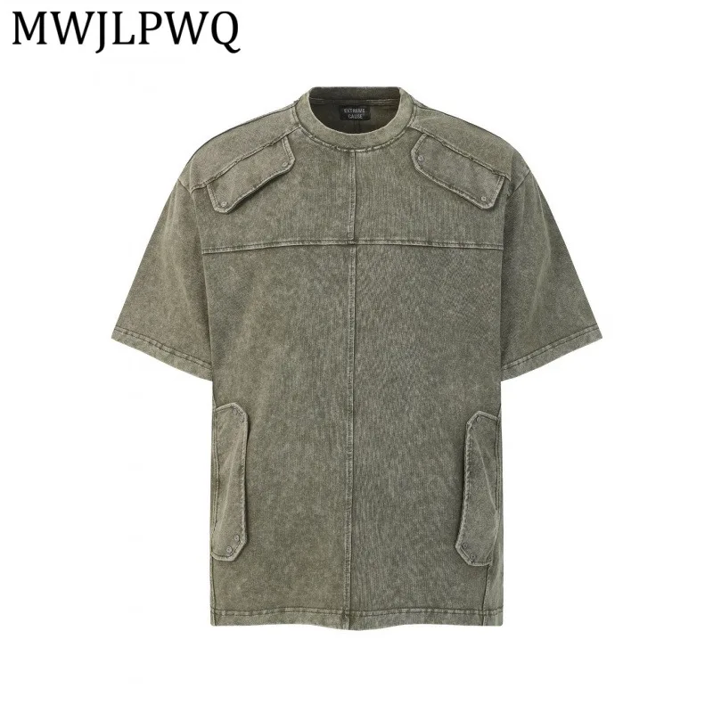

MWJLPWQ American Style High Street Split Patchwork Washed T-Shirt Structrue Short-Sleeve Loose Casual Tops 2026 New Summer 15513