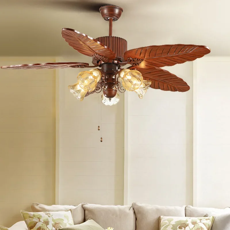 

American retro ceiling fan light restaurant fan light home living room bedroom European solid wood leaf electric fan