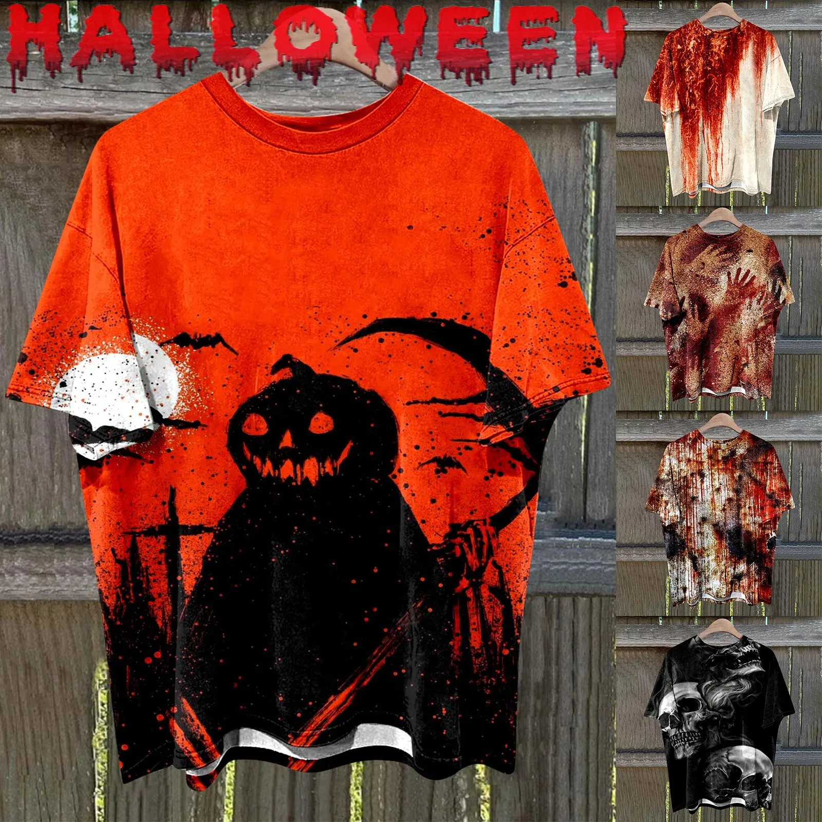 Halloween Theme Devil Print Shirts Men Pumpkin Ghost Blood Casual Crewneck Graphic Shirt Vintage Printed Sleeve Top Blouse