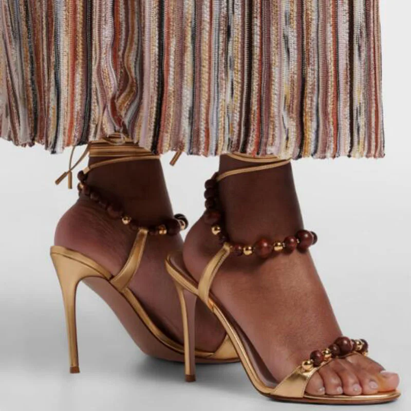 Summer Gold Black Brown Wood Ball Beading Ankle Strap Sandals Round Open Toe One Line Lace Up Stiletto Heels Sandals Women Shoes