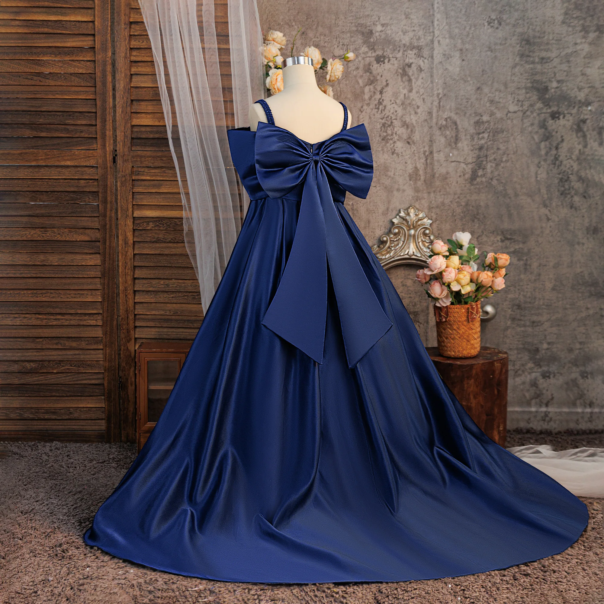 Satin-Hochzeitskleid für Mädchen, Elegantes Prinzessinnenkleid für Erstkommunion, Party, Brautjungfern, Abschlussball, Weihnachten, Neujahr, Abendkostüm – Detail 20