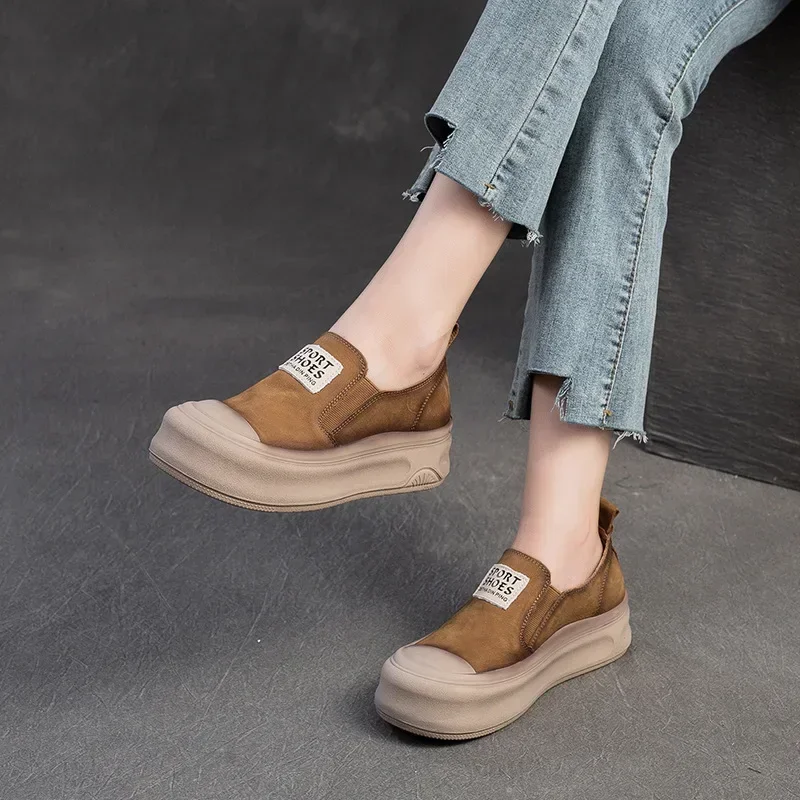 4.5CM Women Flat Platform Shoes Round Toe Slip On Loafers 2025 Ladies Genuine Leather Mixed Colors Literary Style Casual Shoes