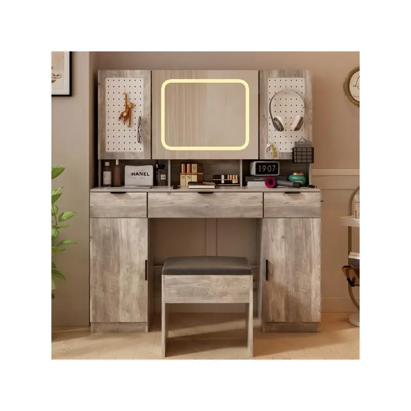 Large Vanity Set with LED Mirror, 2 Pegboards, 5 Hooks, Makeup Desk with Charging Station, Storage Drawers, Shelves, Cabinets,